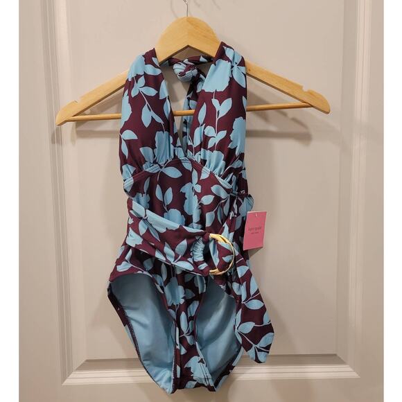 Kate Spade Belted Plunge One Piece Floral Swimsuit - Picture 2 of 11